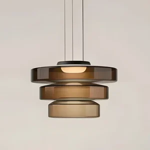 TOMAX 45CM/18INCH Contemporary Drum Pendant Light 3 Layers Glass Hanging Lamps for Dining Room