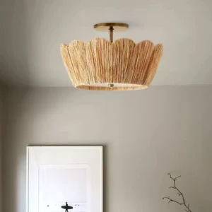 TOMAX D60CM/24INCH Creative Woven Pendant Light with Natural Raffia Grass Dome Basket for Living Room