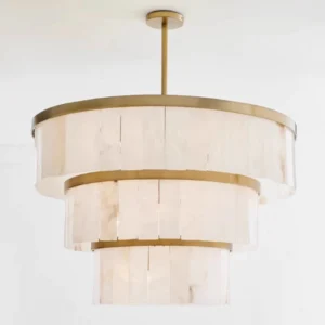 TOMAX 88CM/35INCH 3-Tiers Round Alabaster Hanging Chandelier  Black/Gold Brass Pendant Lighting for Living Room