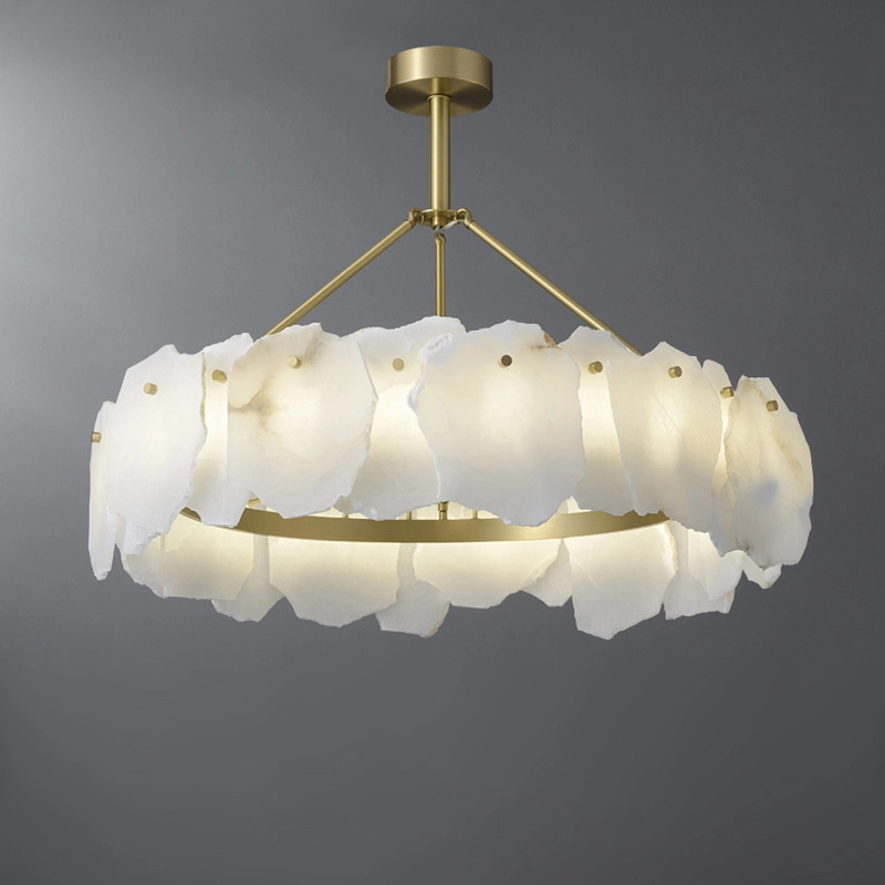 TOMAX 100CM/39INCH Round Alabaster Chandelier Natural Brass Pendant Lighting for Living Room