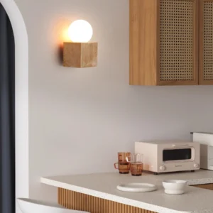 TOMAX H20CM/8INCH Minimalist Travertine Light Fixture Cube-shaped Wall Lamp with Spherical Bulb for Bedroom Bathroom