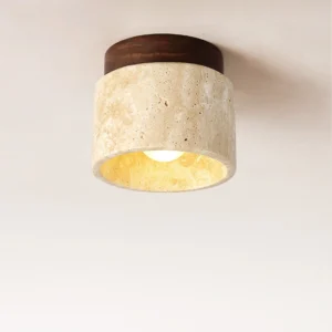 TOMAX Modern Travertine Flush Mount Light Round Wooden Ceiling Light for Living Room Entryway Hallway