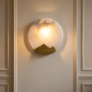 TOMAX D20CM/8INCH Modern Alabaster Sconce Light Round Natural Brass Wall Lighting for Bedside Bedroom